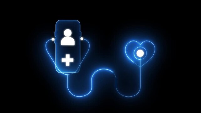 Glowing medical technology and smartphones A mobile phone with a Stethoscope to listen to the heart represents an innovative medical device that has been developed for doctors to treat patients .4K