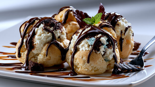 French Profiteroles with Vanilla Ice Cream and Chocolate Sauce, Gourmet Cream Puff Dessert with Mint Garnish, Elegant Pastry Close Up