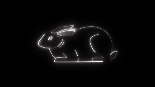 Glowing white neon outline of a cute sitting rabbit