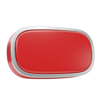 Glossy red rounded button with a metallic silver border isolated on a clean white background