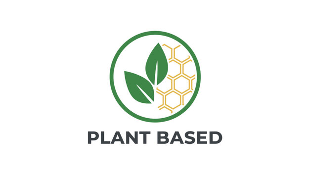 Green circle logo with plant leaves and honeycomb pattern with text below indicating plant based organic products.