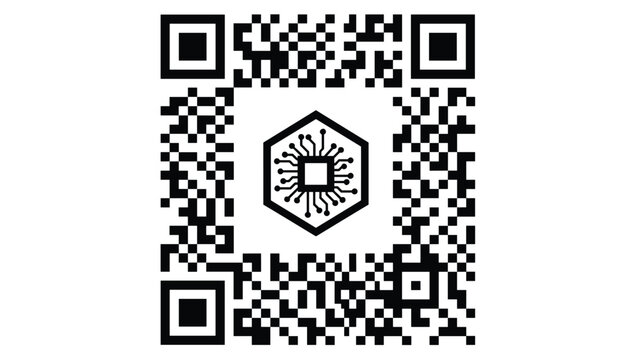 Digital qr code with a computer processor microchip icon in the center representing tech scan and security.