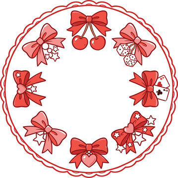 Cute pink and red ribbon bow round border frame template featuring cherry heart stars dice and playing cards elements.eps