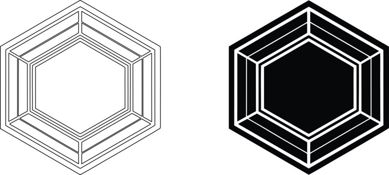 Geometric hexagonal frame design element with multiple outline strokes presented on dark transparent background vector set.