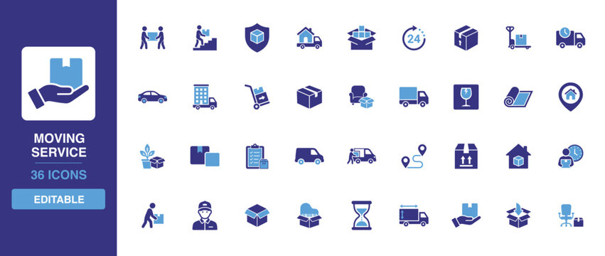 Logistics transport icons styled as a set of solid colors depicting moving services home relocation parcel packing heavy cargo hauling and professional courier delivery