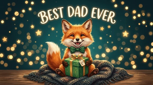 Happy fox holding gift box with best dad ever sign in pixel art style