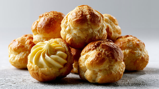 Golden Cream Puff Pastries with Vanilla Custard Filling on White Background Close Up