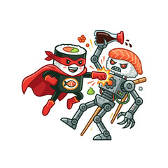 Naklejka premium Heroic Sushi Roll Superhero Fighting a Robotic Nigiri Villain Cartoon Illustration