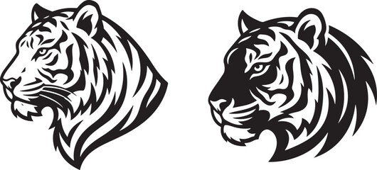 Two striking tiger head designs in black and white vector illustration © habiba creative