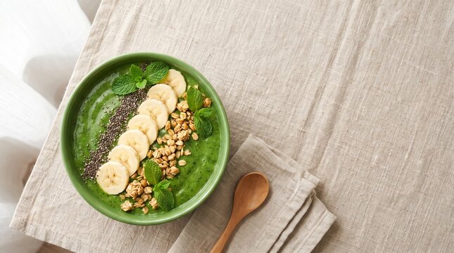 Nutritious green smoothie bowl topped with fresh banana slices and crunchy granola. Healthy breakfast, clean eating, vegan nutrition, and wellness lifestyle concept photographed from above.