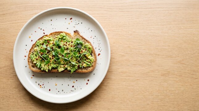 Open-faced sourdough avocado toast topped with fresh herbs and seasonings, served on a white plate with copy space. Healthy breakfast, brunch, vegetarian meal, and clean eating concept.
