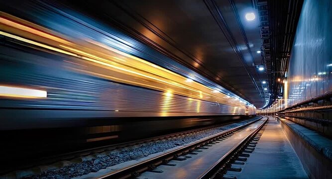 Fast underground train creating bright light trails as it speeds through a dark, modern subway tunnel, illustrating the concepts of velocity, public transportation, and urban commuting
