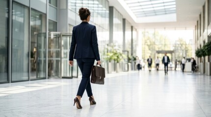 Fototapeta premium Businesswoman walking confidently in a modern office lobby with a briefcase, symbolizing career success and professionalism