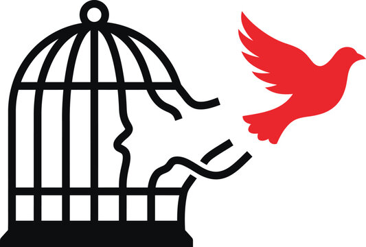 Bird escaping from broken cage freedom concept vector icon