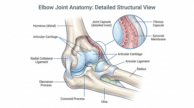 Detailed medical illustration showing human elbow joint anatomy with labeled structures.