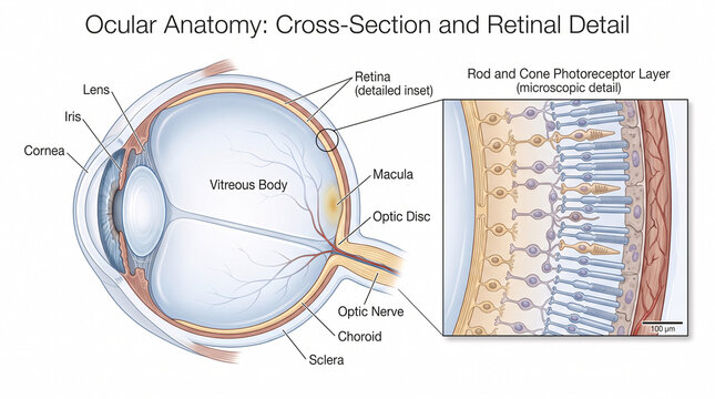 Educational diagram showing a cross section of the human eye and retinal microscopic cell structure.