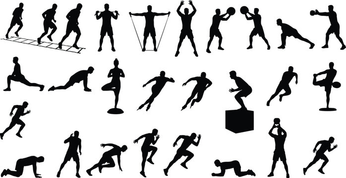 Fitness and athletic workout black silhouette icon collection featuring running stretching and weight training exercises