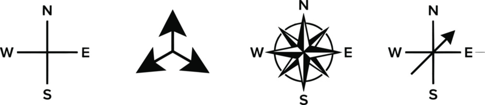 Wind rose compass and map navigation arrow line icon set featuring cardinal direction indicators north south east and west design elements.eps