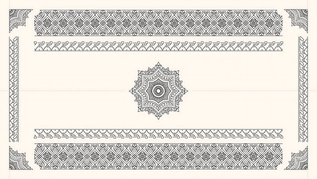 Black ornamental mandala and rectangular borders on white background, isolated on a, transparent background