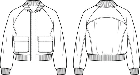 Technical fashion flat sketch of bomber jacket vector template showing front and back views © JanokChandra