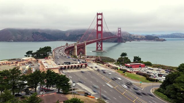 San Francisco - Aerial Hyperlapse of Cars Flowing Through Toll Plaza on Foggy Day