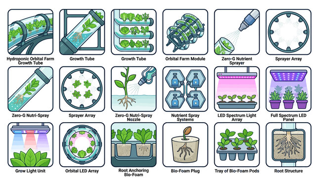 Hydroponic and Aeroponic Systems Icons Set.