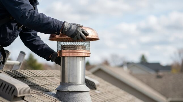 Professional installing copper chimney cap spark arrestor on residential roof maintenance, close-up action on flue