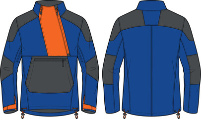 Technical fashion sketch of a color block anorak pullover jacket template showing front and back views © JanokChandra