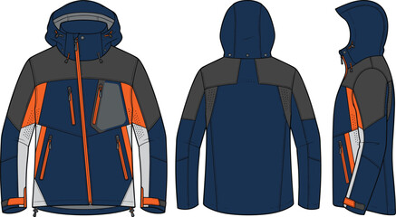 Technical fashion sketch of a hooded outdoor jacket template displaying front back and side views © JanokChandra