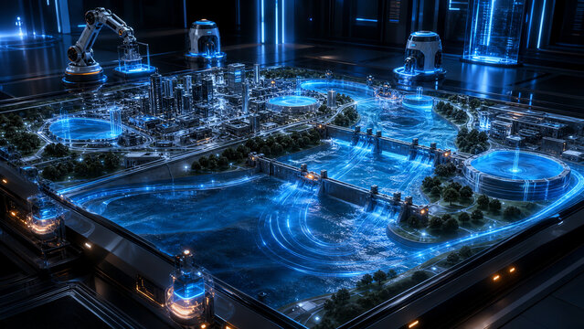 Robotic Arm Over Illuminated Urban Flood Control Model