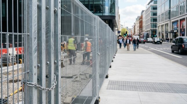 Galvanized construction fence with chain and rivets on urban sidewalk, blocking off reconstruction zone, bright daytime commercial photo