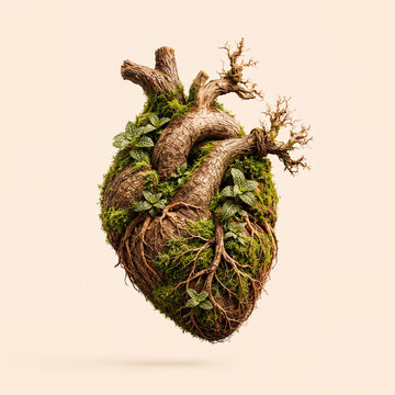 Anatomical heart made of tree roots, moss and green plants. Nature, health, sustainability, ecology, love and environmental protection concept