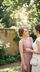 Fototapeta premium Bride and bridesmaid share a joyful moment during an intimate garden wedding, captured with soft natural light and bokeh