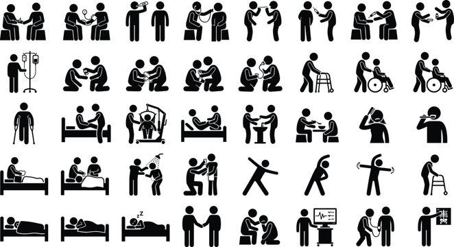 Set of medical and healthcare icons showing patient care and assistance