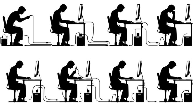 Silhouette Series: Ergonomic Postures at Computer Workstation, Office Desk Setup, Technology Use, Health & Wellness