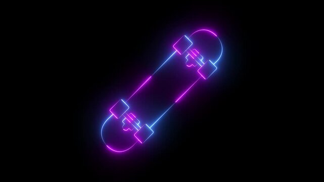 glowing neon Skateboard icon isolated on black background. Extreme sport. Sport equipment. 4K Video animation. 