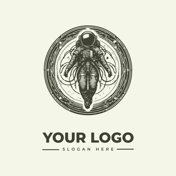 Vintage style astronaut logo design with circular cosmic background and intricate line art details.
