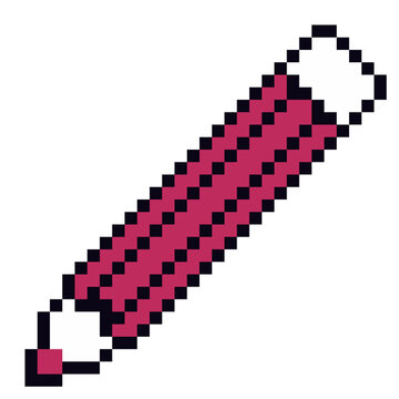 Pixel Art Red Colored Pencil Educational Icon