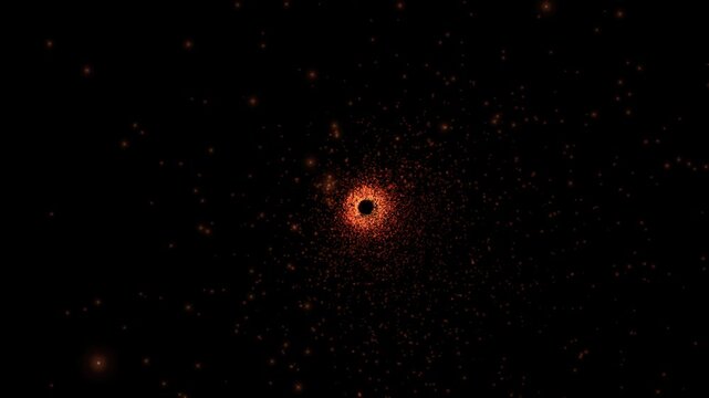 Glowing red particles swirl through a fiery dark abyss in a seamless 3D animation loop with a vibrant orange energy gradient for dynamic cinematic video backgrounds