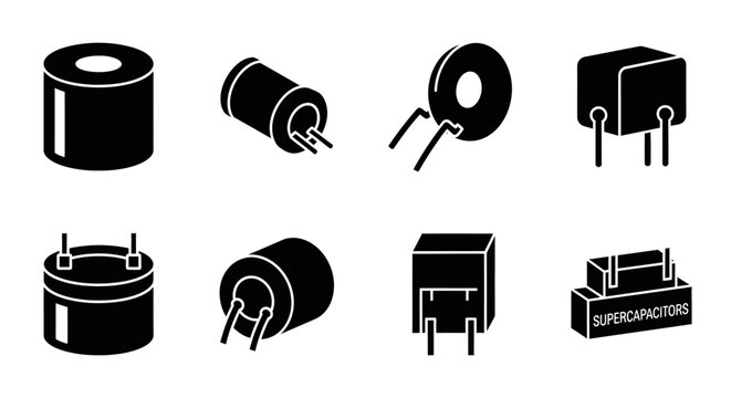 Industrial electronic component icons including capacitors and supercapacitors.