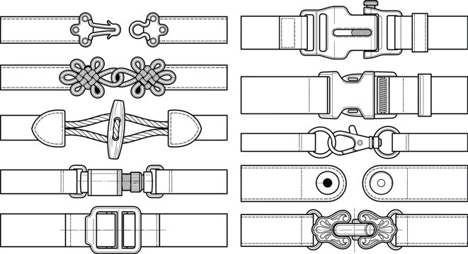 Set of various fashion clothing belt buckles and fasteners flat vector technical design sketches