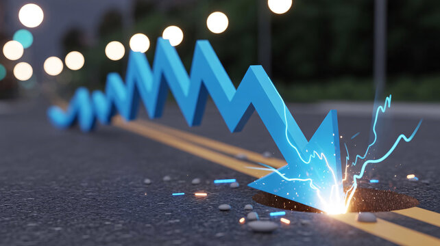 Blue downward arrow crashing into a road with sparks, representing economic recession or market failure