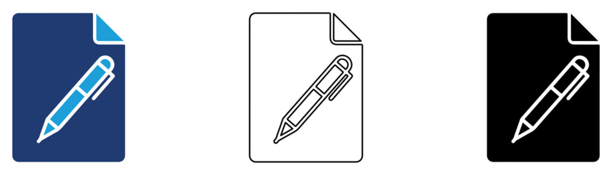 Multicolor Document Edit Icon Set with Filled and Outline Styles for File Editing Text Writing Office Documents and Content Management Isolated on Transparent Background