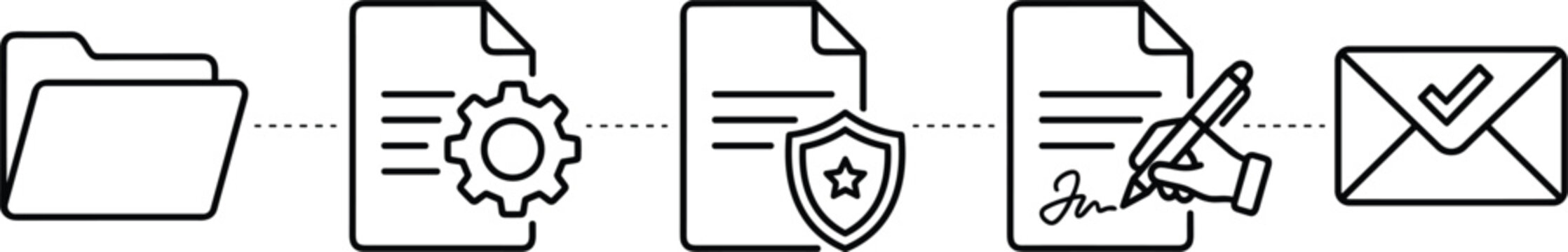 Business document processing workflow line icon horizontal timeline concept featuring management contract signature security shield envelope elements.eps