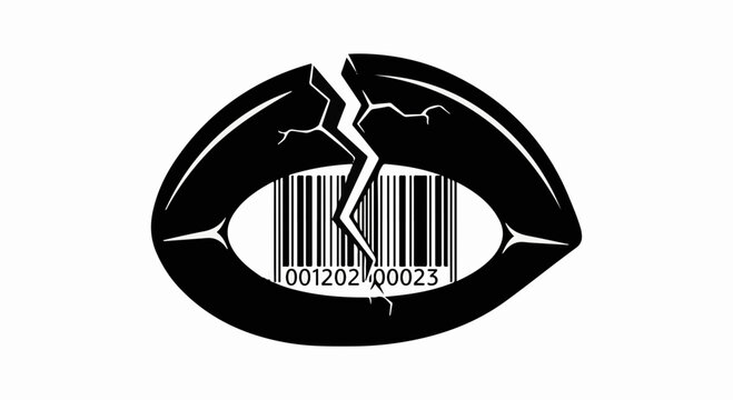 Cracked lips reveal a barcode, symbolizing consumerism and broken communication.