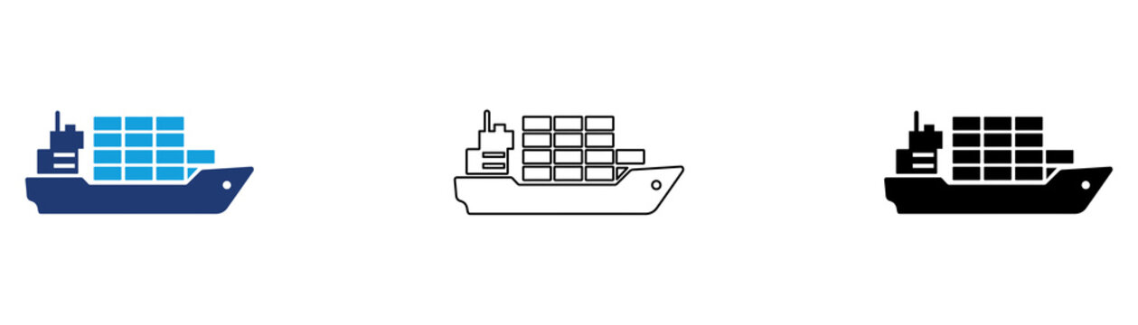 Multicolor Cargo Ship Icon Set with Filled and Outline Styles for Freight Transport Maritime Logistics Container Shipping and Global Trade Isolated on Transparent Background