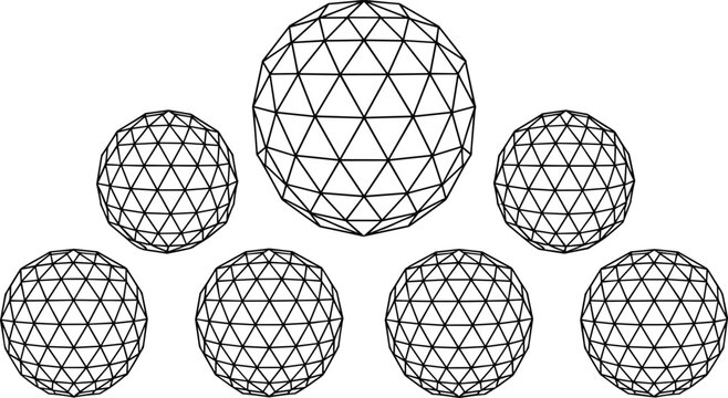 Geodesic dome spheres collection set with black wireframe polygonal line art on white background
