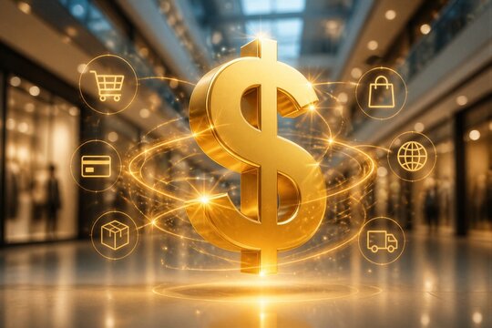 Gold dollar symbol representing digital commerce inside mall