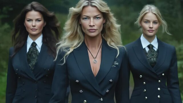 Three powerful elegant women, sophisticated business team, classic formal blazers, crisp white shirts, stylish ties, professional corporate attire, distinguished leadership presence outdoors