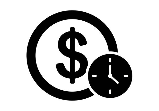 A deep black and white time is money icon with dollar sign silhouette with large clock symbol silhouette financial management concept vector illustration